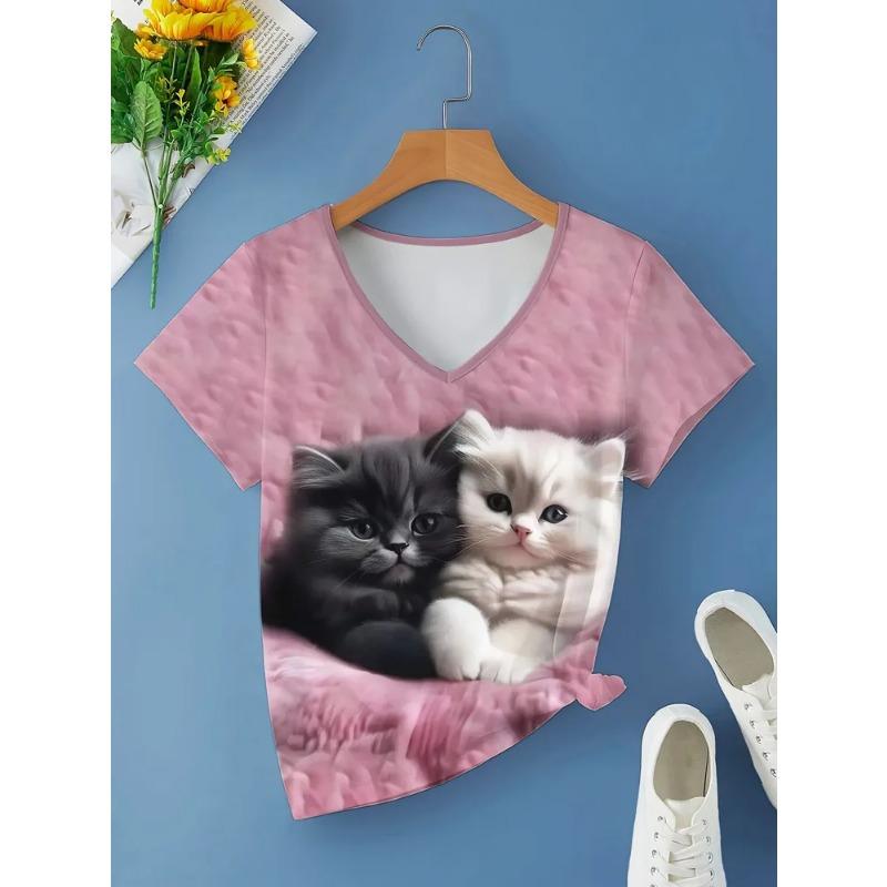 Casual Fashion Simple Abstract Painting Animal Black and White Cat Breathable 3D Printed V-neck Short Sleeve T-shirt Casual Sports Shirt
