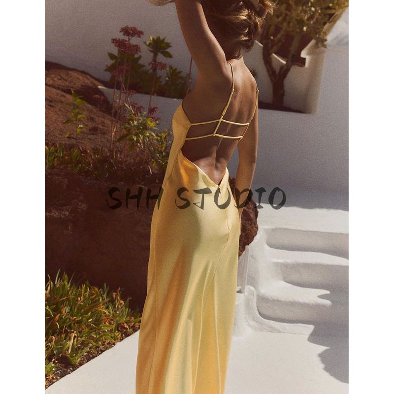 Summer V Neck Sling Mid-Length Silk Satin Texture Midi Skirt Dress 2452331 3258331 8331