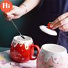 Hi Ceramic Cute Strawberry Coffee Mug with Lid and Spoon Creative Porcelain Breakfast Milk Oatmeal Cup Drinkware
