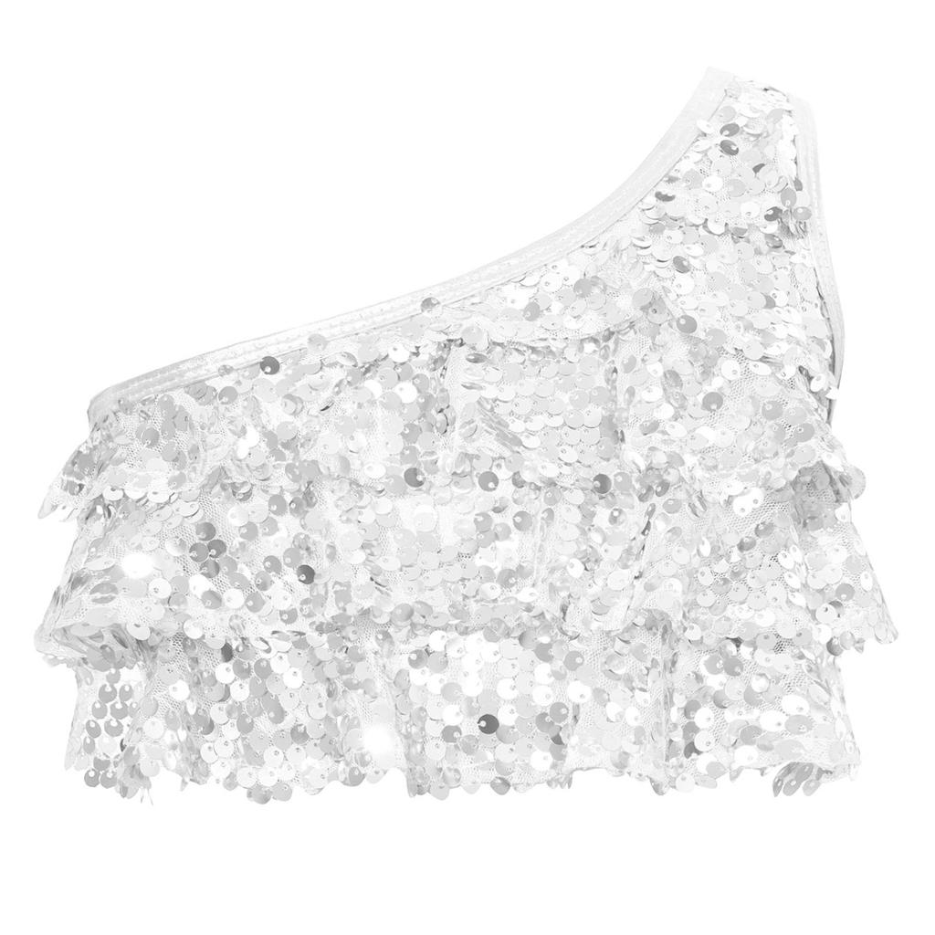 Детские топы с металлическими блестками для девочек, жилет на одно плечо, костюм для джазовых латинских бальных танцев