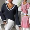 Women's Top Color Splicing V-Neck Long Sleeve Woven Sweater Nailed Bead Base Shirt