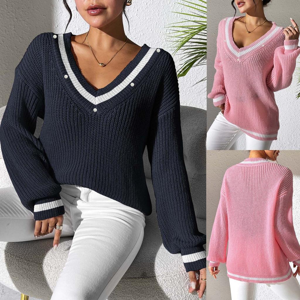 Women's Top Color Splicing V-Neck Long Sleeve Woven Sweater Nailed Bead Base Shirt