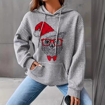 Повседневная вафельная толстовка с капюшоном для женщин с карманом, креативный принт с котом, пуловер, симпатичные толстовки с длинным рукавом и круглым вырезом, легкие праздничные топы