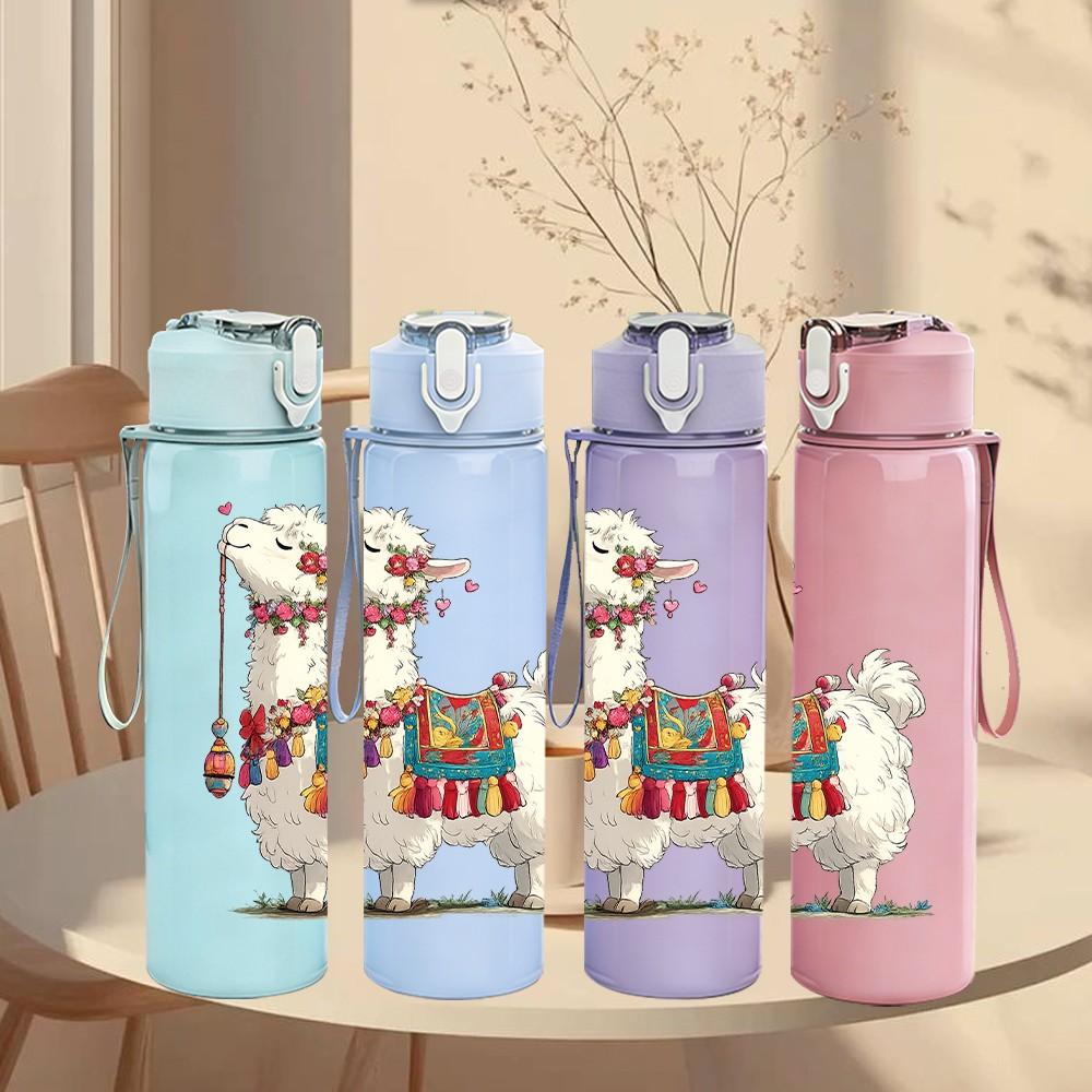 1PC Decorated Llama Folk Art Print 750ml Color Plastic Sports Water Bottle Leakproof Flip Straw Lid Suitable for Sports Office Home Use
