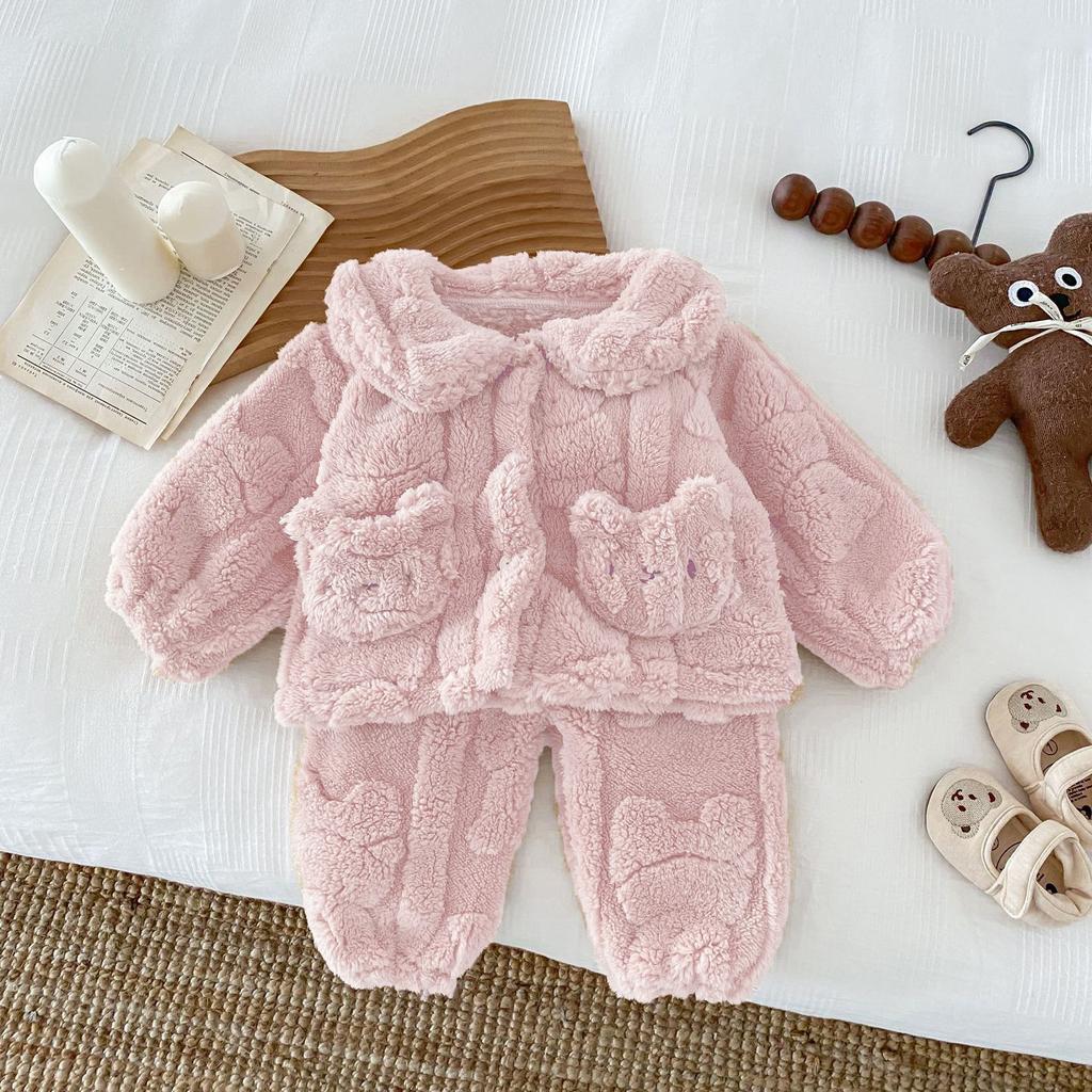 Детские пижамы, осенне-зимний комплект из утолщенного флиса, детский комплект с лацканами Xiao Xiong Shu, хлопковый флисовый комплект детской домашней одежды