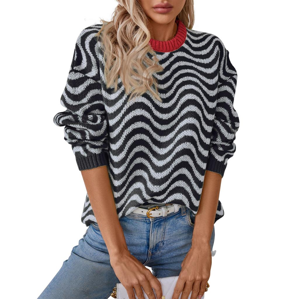 Осень и зима Новое поступление контрастного цвета вязаный свитер волнистый полосатый свитер