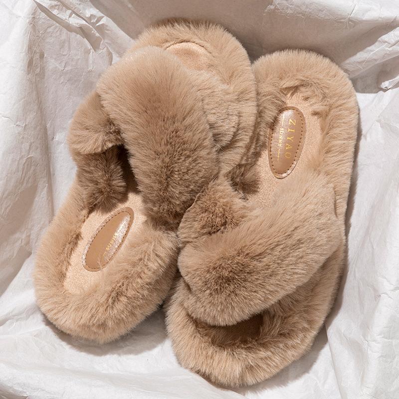 Fashion Fashion Cross Strap Fluffy Slippers for Women Winter Warm Faux Rabbit Fur Slides Woman Thick Sole Plush Indoor House Slippers