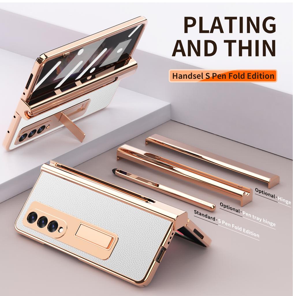 Plating Leather Case For Samsung Galaxy Z Fold 6 4 3 2 5 360 Full Protection Tempered Glass Kickstand Phone Cover