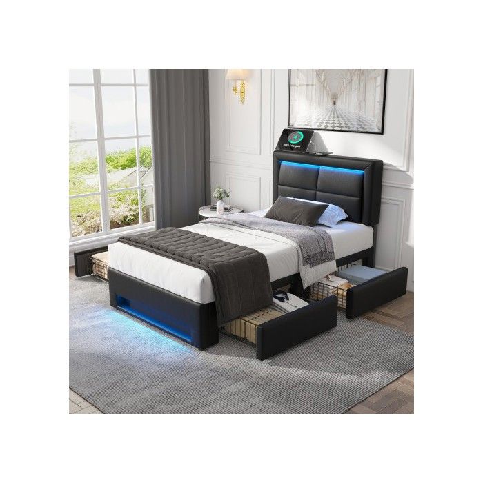 Lit rembourré - MUVOE - 90x200 cm - avec port USB - éclairage LED - 4 tiroirs noir