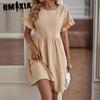 Women's Fashion Summer Spring Solid Color Print O-Neck High Waist Casual Dresses