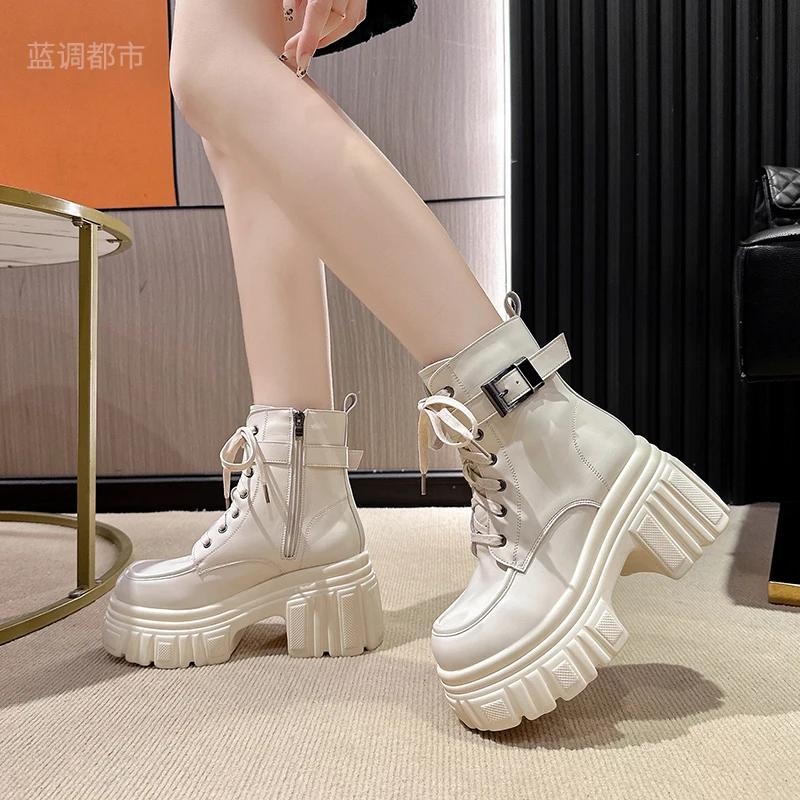 Модные женские ботильоны 9 см Новые женские ботинки на платформе Короткие кожаные ботинки Высокий каблук Зимние теплые плюшевые Массивные ботильоны Меховая зимняя обувь для снега Женские