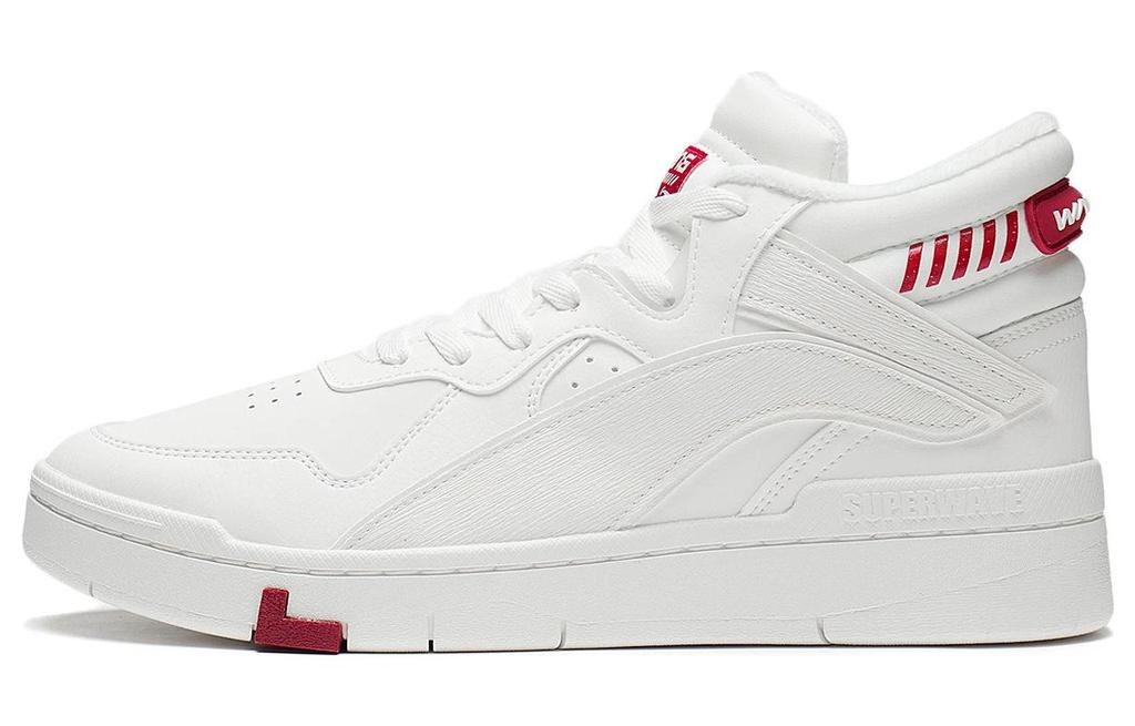 Li Ning Textile, Synthetic Leather Fashion Trend Abrasion Resistant Breathable Mid top Skateboard Shoes Men's White Red AGCS323-1