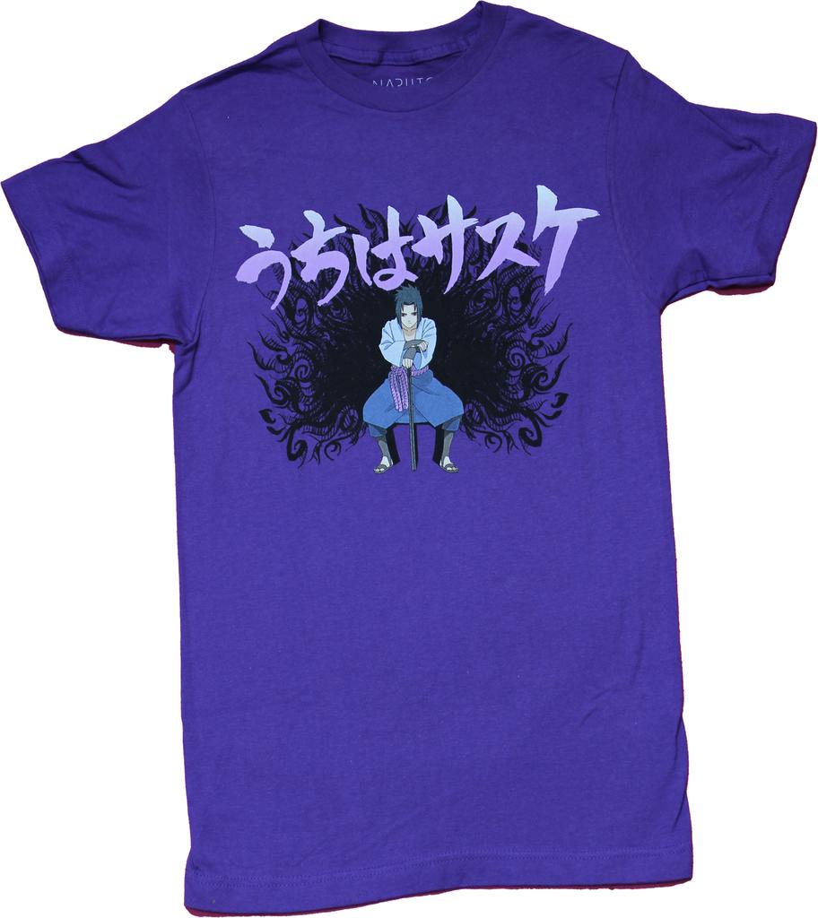 Naruto Shippuden New Adult T-Shirt - Sasuke Batttle Ready Under Kanji