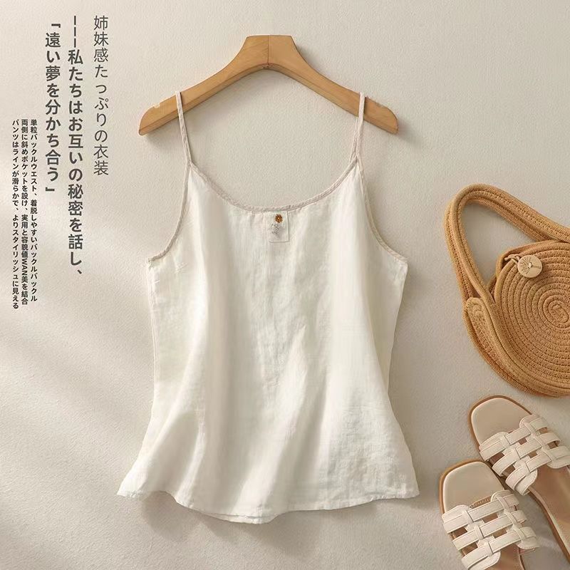 Винтажный вышитый льняной топ-комбинезон для женщин, летний свободный повседневный простой топ без рукавов