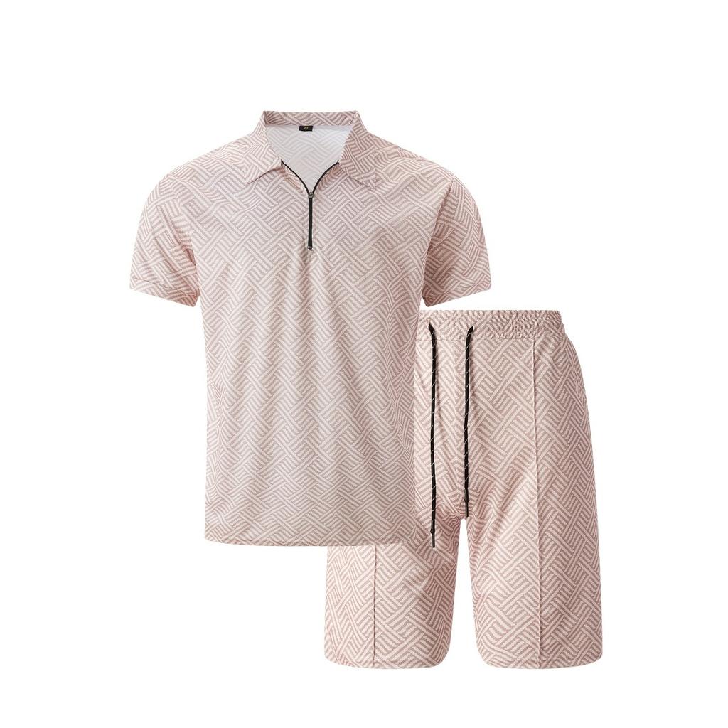 Мужской повседневный костюм с тропическим принтом - черная рубашка с коротким рукавом на молнии и белые шорты с карманами, полиэстер, машинная стирка