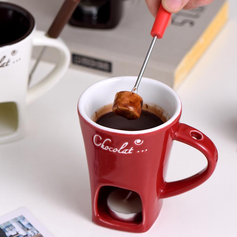 Ceramic Chocolate Cup European Candle Cup Cheese Chocolate Melting Ceramic Mug Heating Food Ceramic Mugwith Fork Creative Mugs