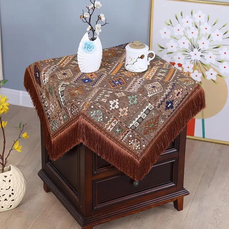 Geometric Patterns Chenille Tablecloth Tassel Edge Embroidered Dining Table Cover  Rectangular Thick Wear-resistant Table Cloth