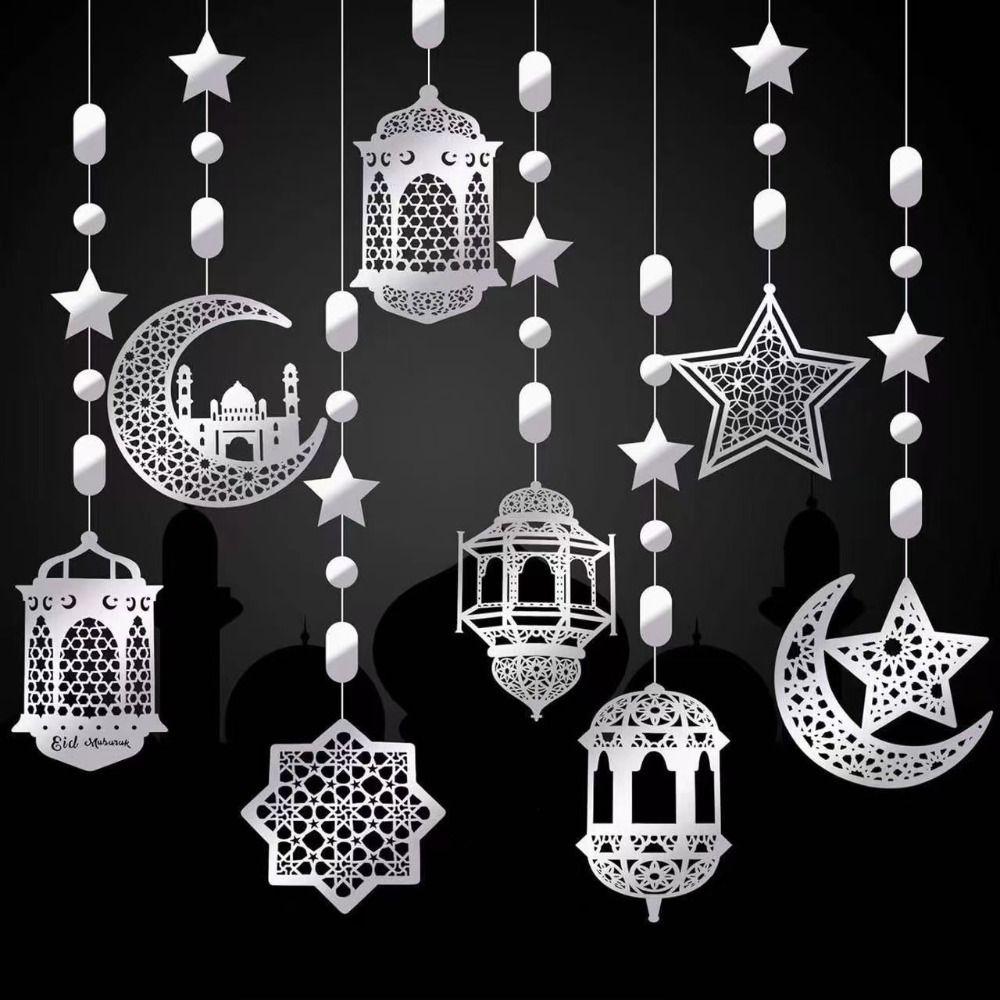 8Pcs Paper Garland Hanging Banner Pendant Star Moon Design Eid Mubarak Banner Home Decor