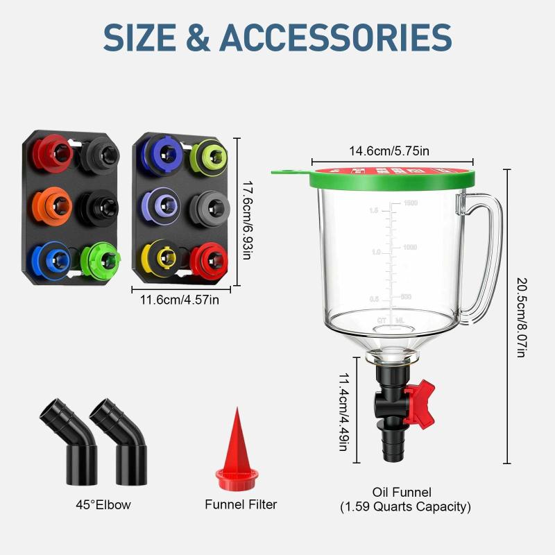 18-in-1 Spill-Proof Universal Auto Engine Oil Funnel Kit 12 Adapters Included for Most Vehicles Garage Use
