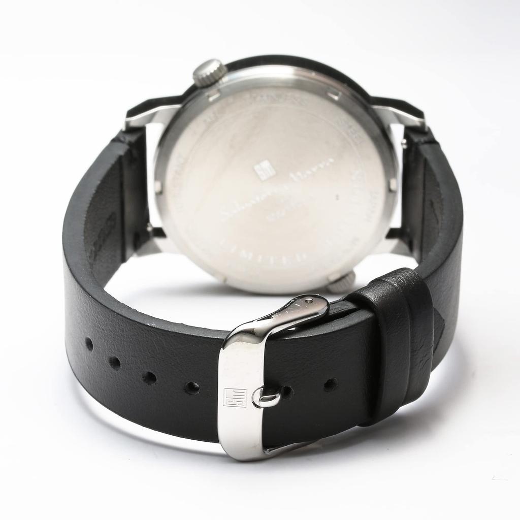 Salvatore Marra Men's and Women's Watch, Stainless Steel, Black and Silver, Analog Quartz Movement, Dual Time, Business, Casual, Leather Strap, SSBK