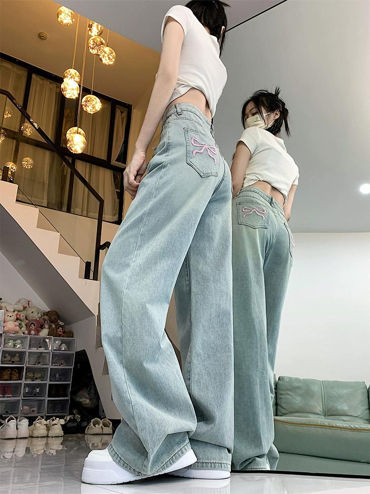 Bow Embroidered Wide Leg Jeans for Women Spring Autumn Large Size Clothing Denim Straight Trousers High Waist Streetwear