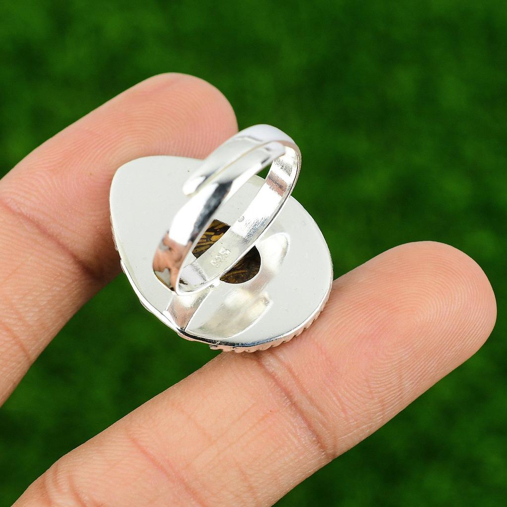 Natural Mariam Jasper Gemstone Statement Adjustable Ring 925 Silver For Girls
