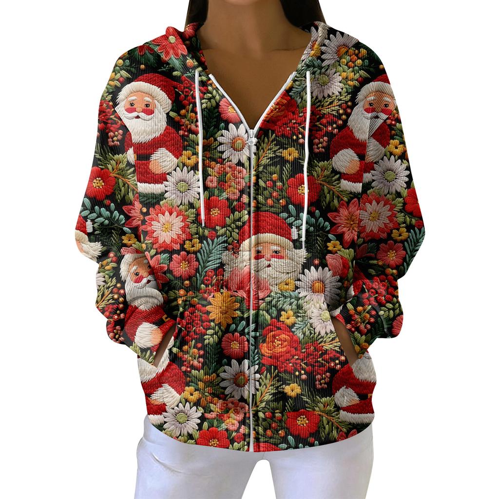 Женская повседневная модная вязаная толстовка с длинными рукавами и застежкой-молнией, с рождественским принтом
