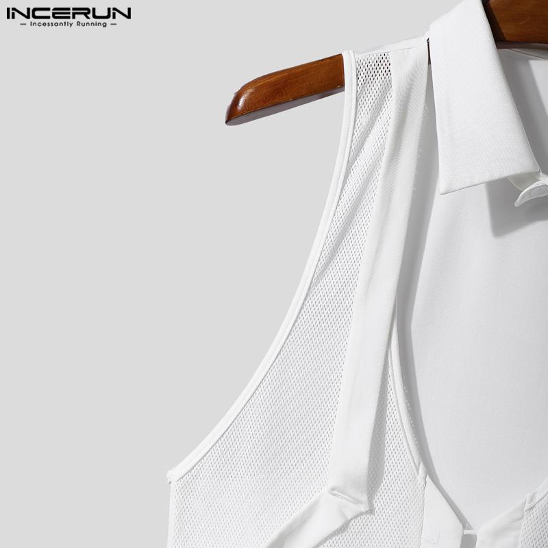 INCERUN Мужские рубашки без рукавов с вырезом на лацкане, сетчатыми вставками, облегающие майки