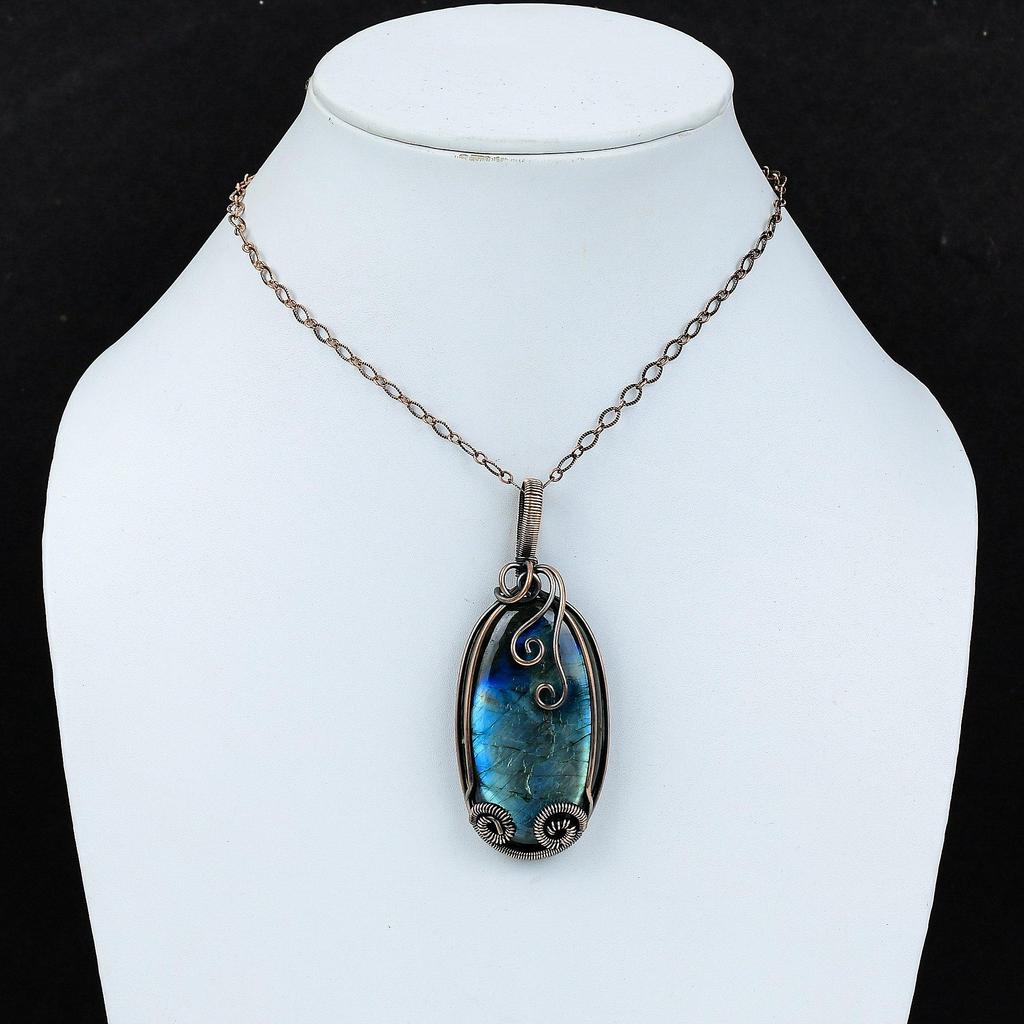 Лабрадорит Драгоценный камень Чистая медная проволока Обернутая ювелирная подвеска ручной работы