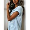 Women Light Blue Floral Embroidery Round Neck Full Button Roll Cuff Short Sleeve Loose Casual Blouse