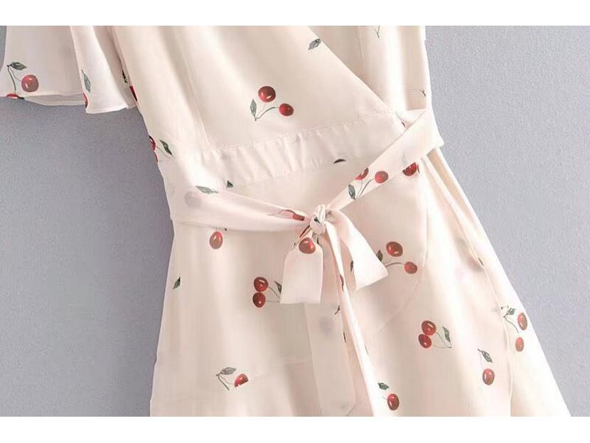 Платье YPFF French Retro Cherry Print с V-образным вырезом и оборками