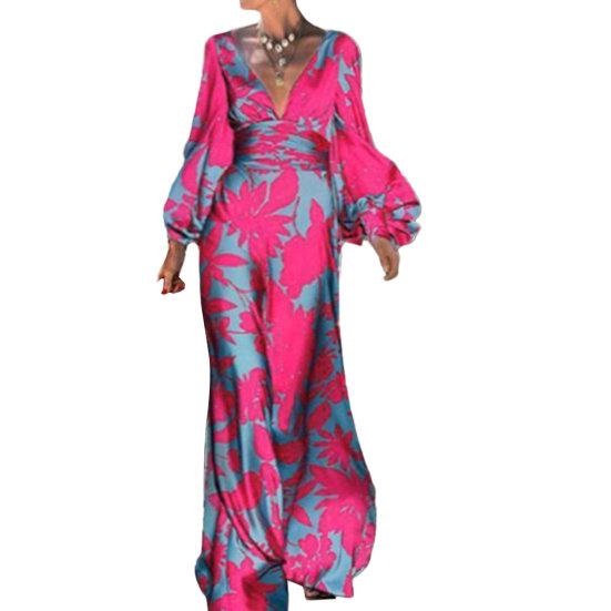 Ladies Dress Long Lantern Sleeve Deep V Neck High Waist Contrast Color Flower Print Big Hem Prom Banquet Cocktail Maxi Dress