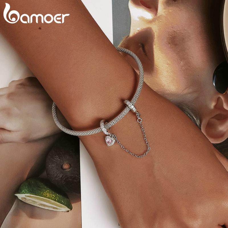 BAMOER Стерлингового Серебра 925 пробы Сердце Серебряная силиконовая цепочка безопасности подвески для женщин оригинальный браслет ювелирные изделия подарок на день Святого Валентина