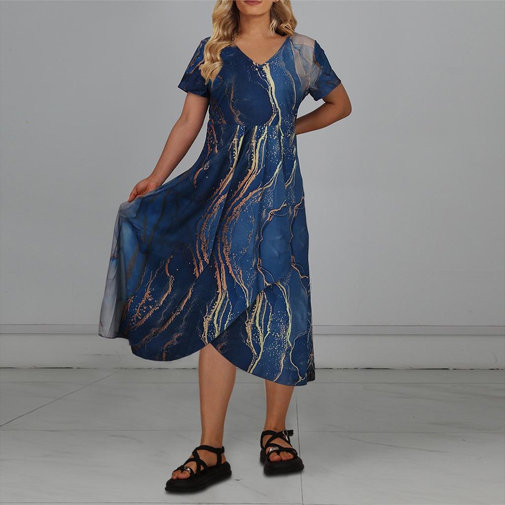 Женское повседневное большое длинное платье с v-образным вырезом и молнией с короткими рукавами и вставками с принтом