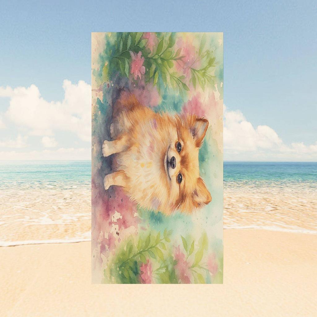 1pc Cute Pomeranian Dog & Floral Beach Towel - Soft Microfiber Quick-Dry Large Rectangular Bath Towel with Pomeranian Dog Print