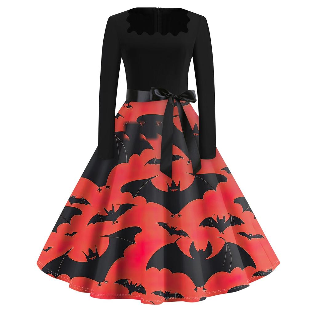 Платье с расклешенным принтом на Хэллоуин для женщин, платье с длинным рукавом, полые вечерние повседневные платья