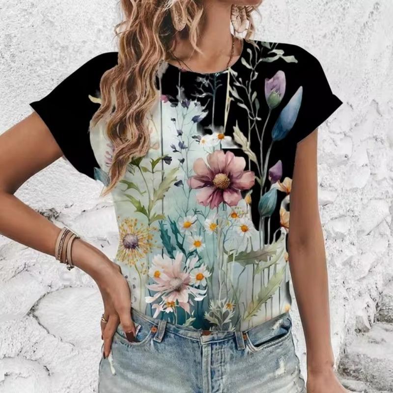 Элегантная женская футболка с художественным цветочным узором, модная футболка с 3D-печатью, популярная женская футболка с короткими рукавами Ummer Leisure