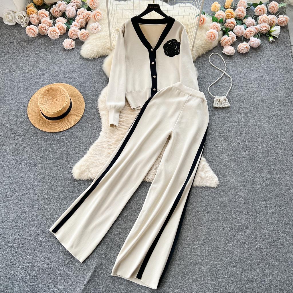 Высококачественный повседневный вязаный модный комплект знаменитостей для женщин, осенне-зимняя рубашка со свободными рукавами + драпированные брюки с высокой талией из двух предметов