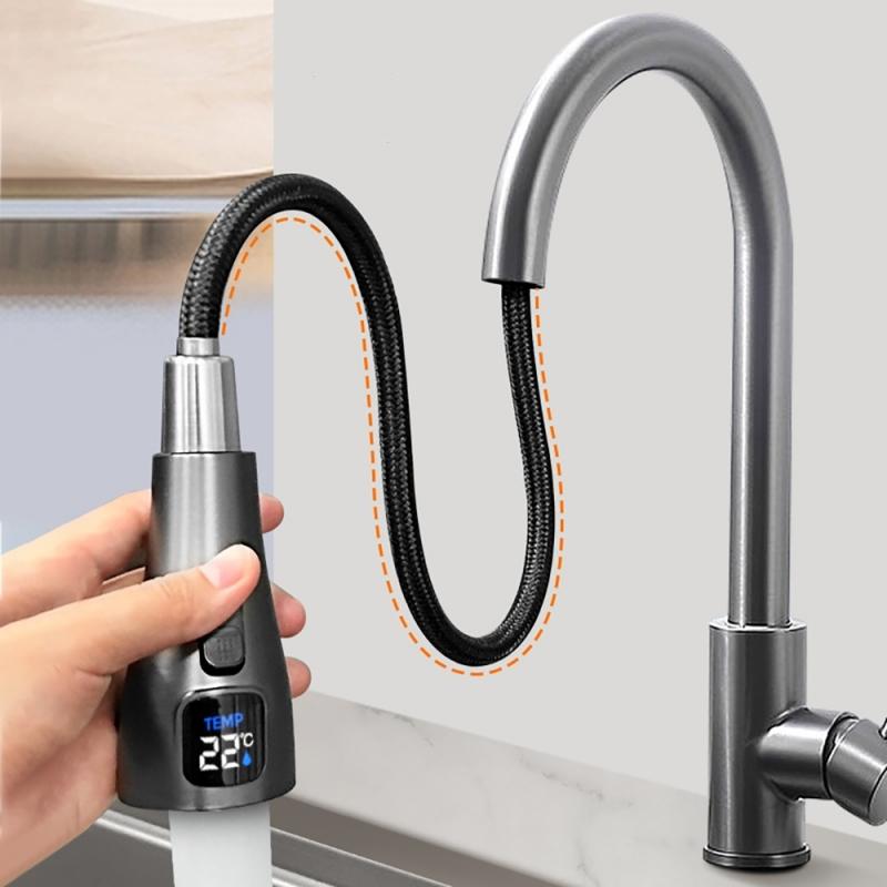 Дисплей температуры Кухонный смеситель Двухфункциональный Однорычажный Выдвижной Смеситель Кран для горячей и холодной воды Монтаж на раковину/столешницу Одинарное отверстие