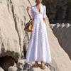 Temperament Long Women's Summer V-neck Waist Crochet Hollow French Solid Colour Swing Dress