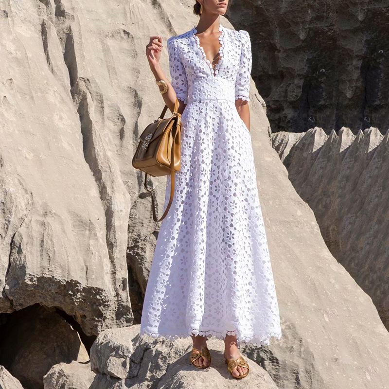 Temperament Long Women's Summer V-neck Waist Crochet Hollow French Solid Colour Swing Dress