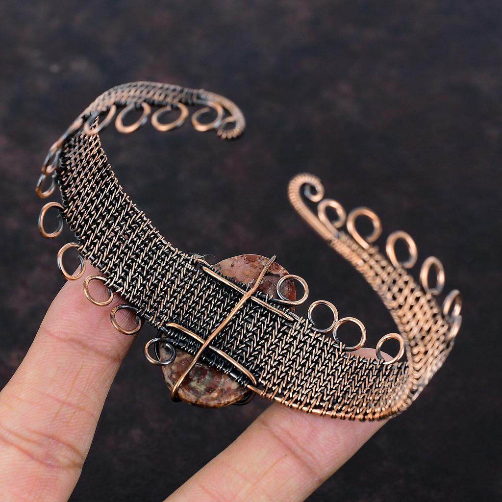 Браслет из драгоценных камней Birds Eye Jasper, браслет-манжета с медной проволокой, регулируемый браслет ручной работы, браслет с медной проволокой, ювелирное изделие в подарок для него