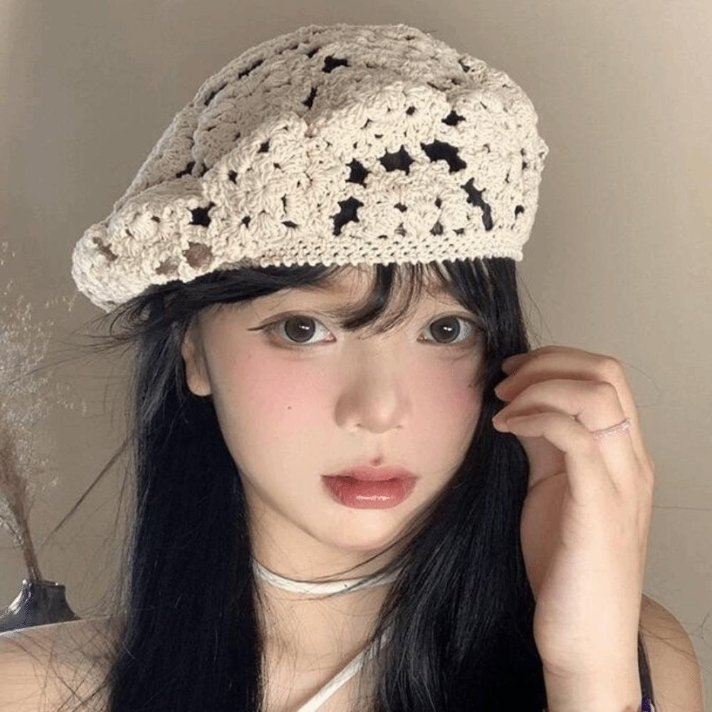 Japanese Style Flower Hat Thin Crochet Knitted Cap Painter Hat Hollowed Out Beret Women