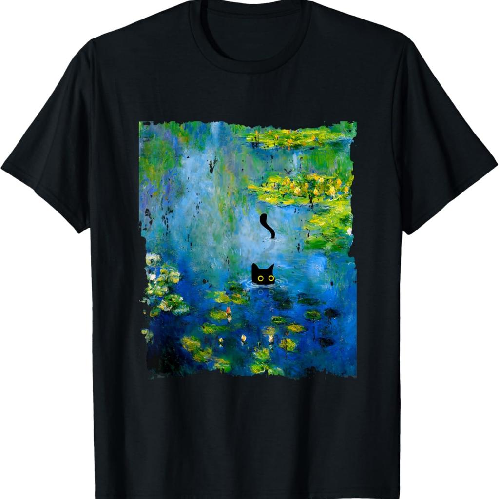 Black Cat Monets Waterlily Painting Art Cat Lover T-Shirt
