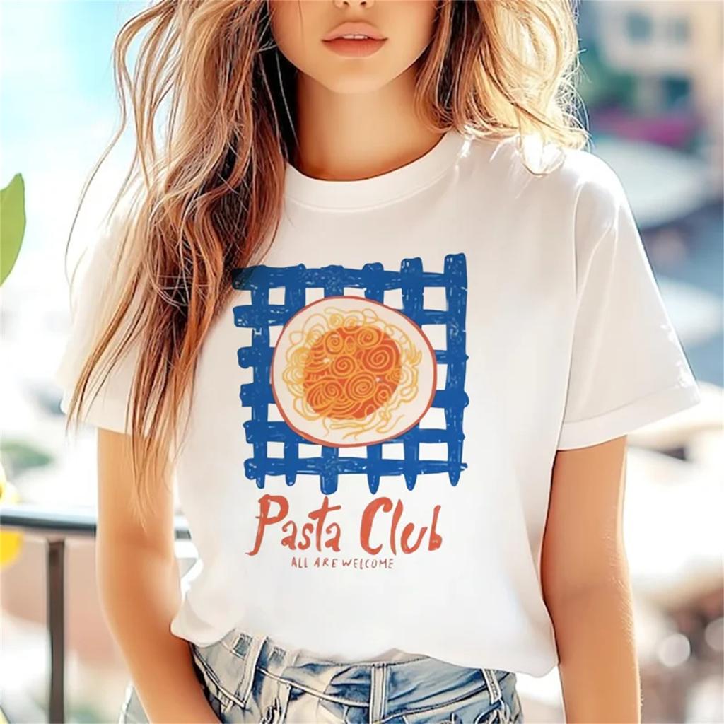 Футболка с принтом "Pasta Club" Базовая с коротким рукавом Милая Харадзюку Обычный топ Модный Универсальная Женская с круглым вырезом Повседневный стиль Футболка