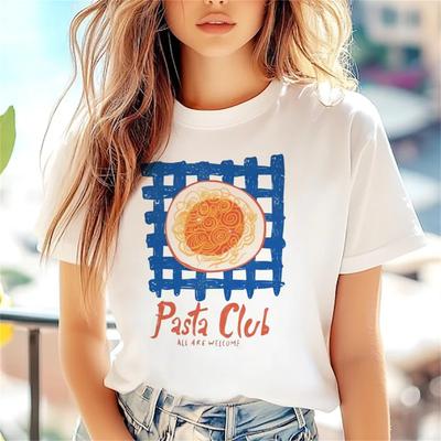 Футболка с принтом "Pasta Club" Базовая с коротким рукавом Милая Харадзюку Обычный топ Модный Универсальная Женская с круглым вырезом Повседневный стиль Футболка
