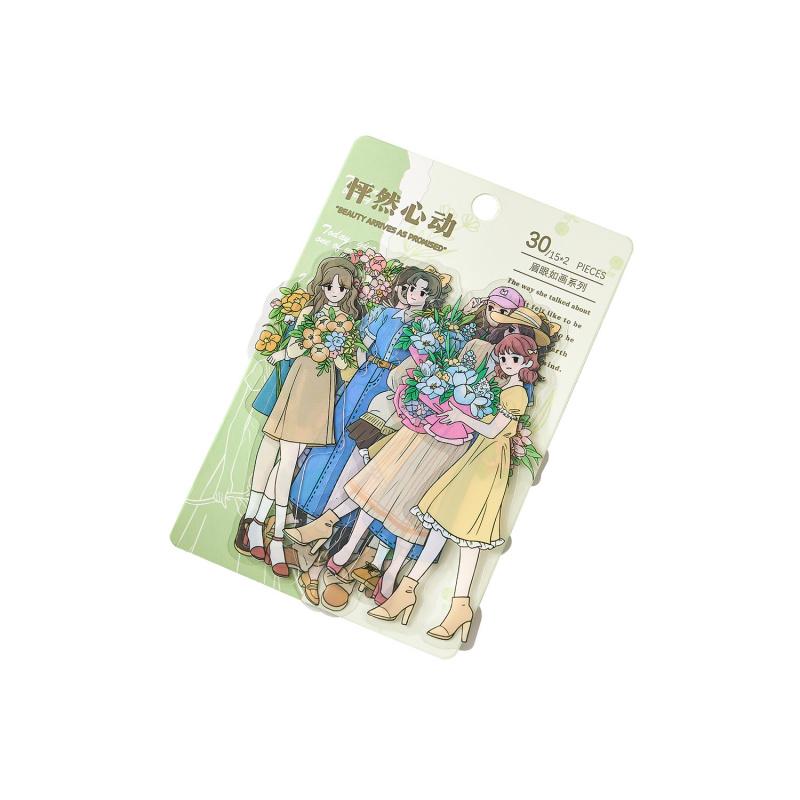 30 Sheets Girl Holding Flowers Character Stickers Kawaii Anime Style Self-Adhesive For Journal Scrapbook DIY Decoration