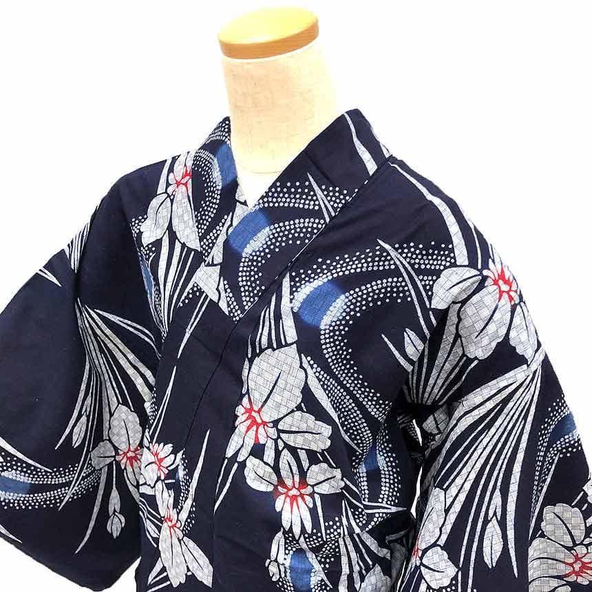 Used Kyoya Y005 Yukata, Navy, Floral pattern, Iris pattern, Single item, Cotton
