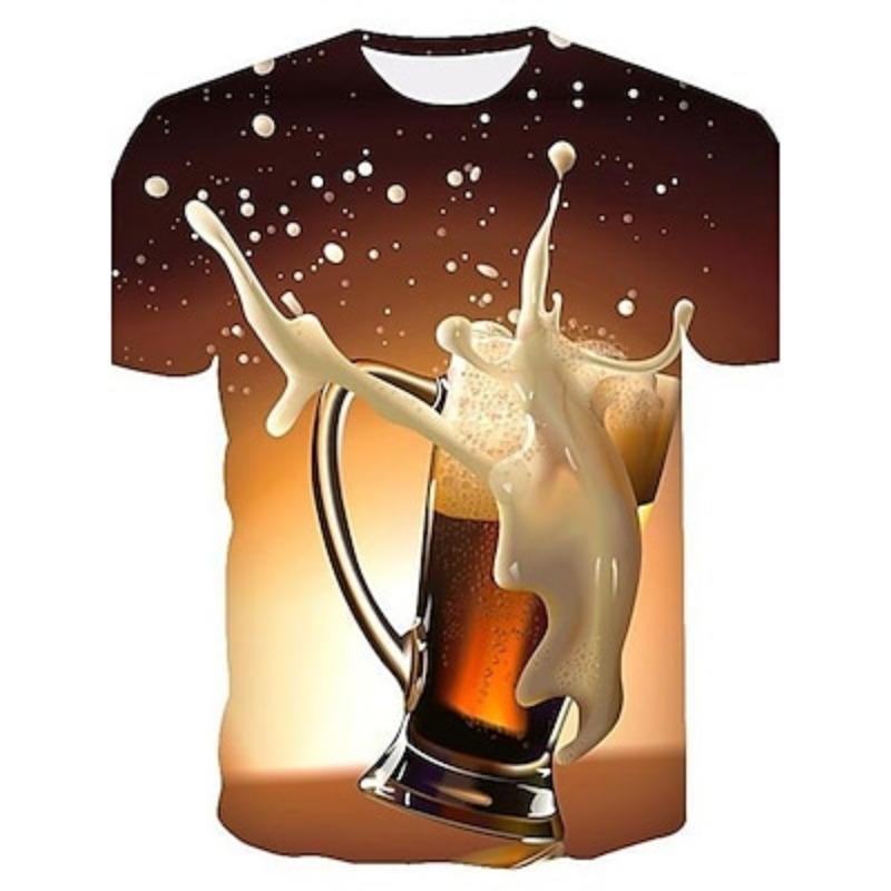 Мужская рубашка с цветным блоком 3D Beer, футболка с коротким рукавом и круглым вырезом, базовая легкая одежда для выходов, выходных, Октоберфеста