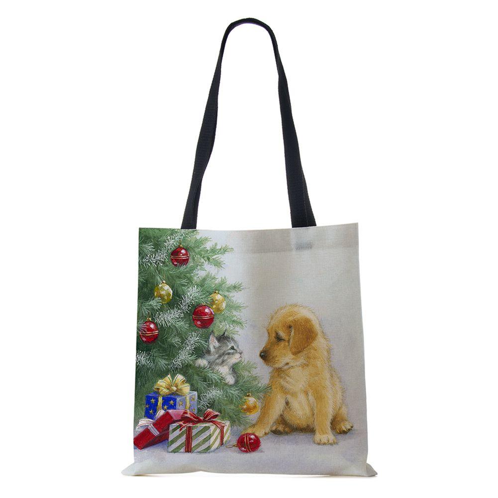 Рождественская елка Подарок Харадзюку Холщовая сумка-шоппер Рождественская собака Женская многоразовая сумка через плечо Большая вместимость Складная сумка для хранения KTY